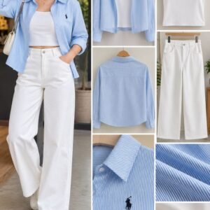 Blue Striped Cotton Overshirt with White Cami and White Wide-Leg Jeans