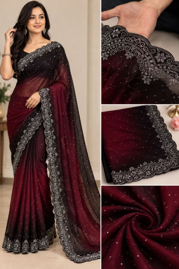 Black & Maroon Ombre Embellished Saree
