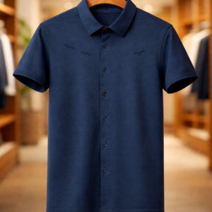 Navy Blue Men's Button-Up Shirt with Minimalist Avian Motif